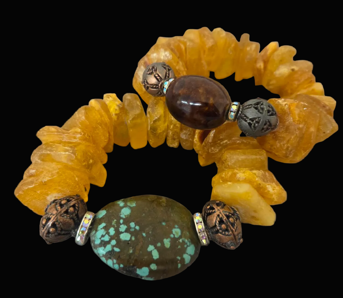 Mexican Amber, Copper Filigree & Hubei Turquoise Luxury Stretch Bracelet