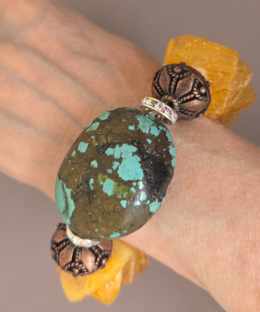 Mexican Amber, Copper Filigree & Hubei Turquoise Luxury Stretch Bracelet