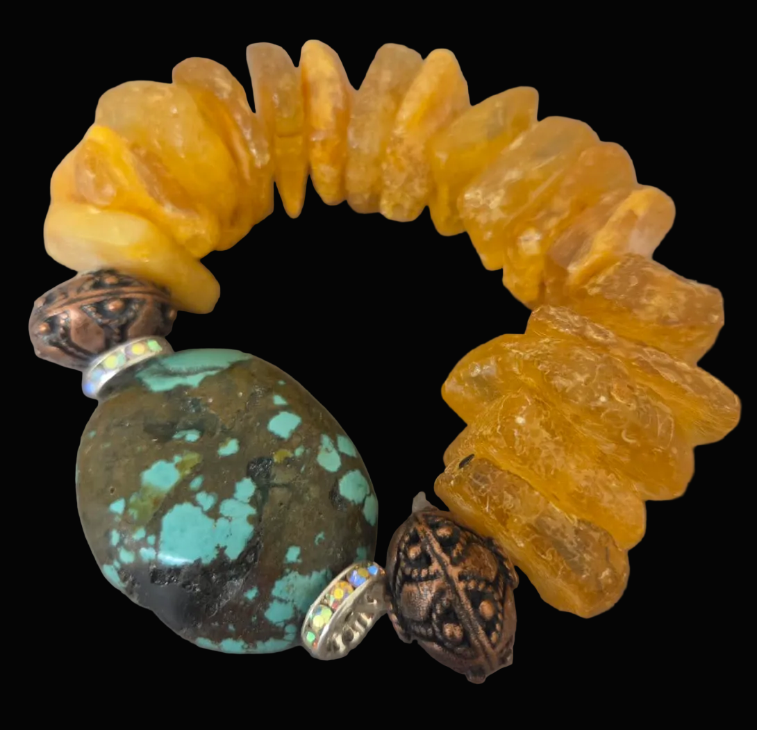 Mexican Amber, Copper Filigree & Hubei Turquoise Luxury Stretch Bracelet