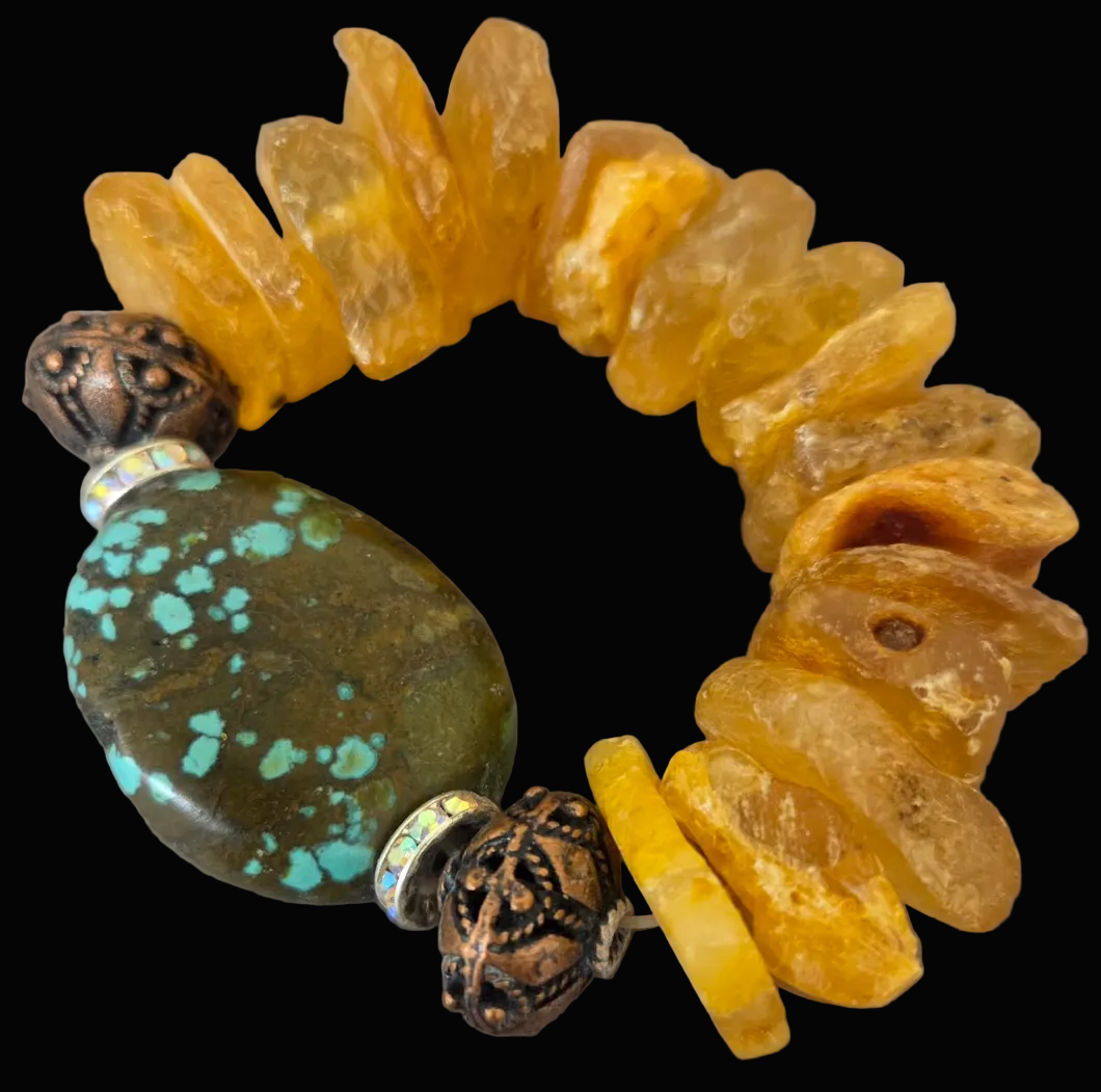 Mexican Amber, Copper Filigree & Hubei Turquoise Luxury Stretch Bracelet