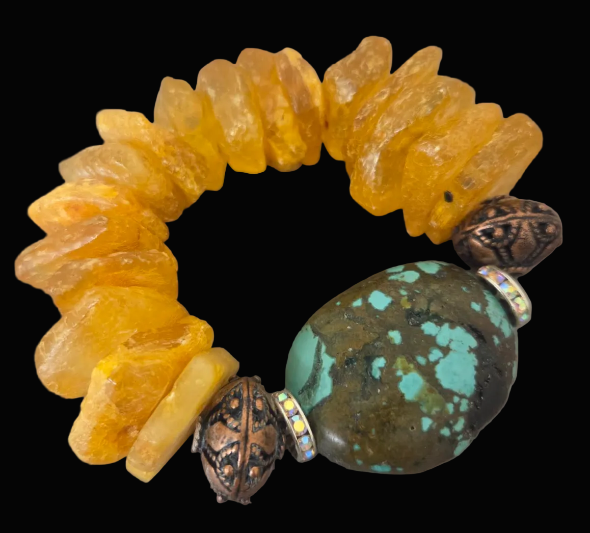 Mexican Amber, Copper Filigree & Hubei Turquoise Luxury Stretch Bracelet