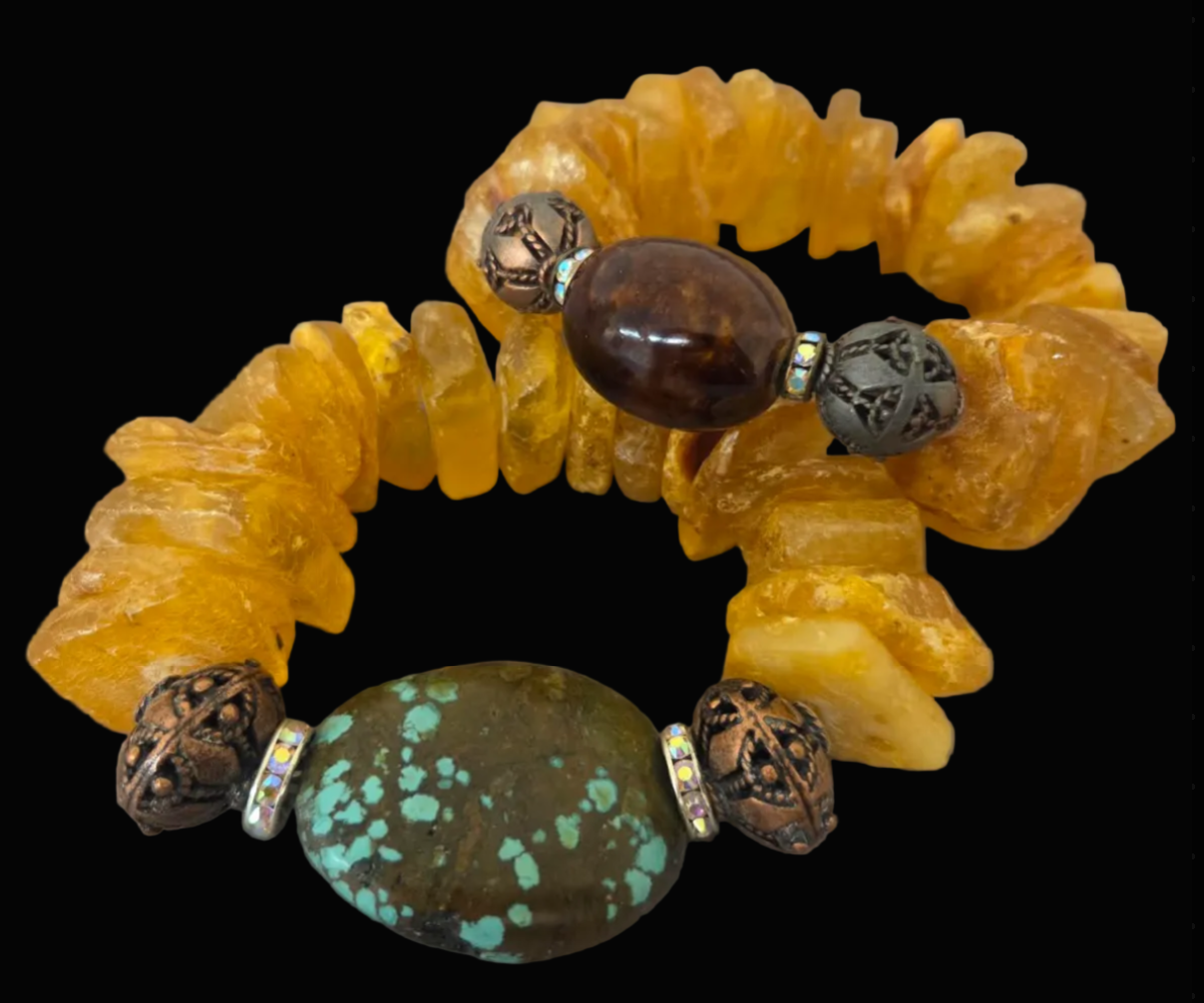 Mexican Amber, Copper & Porcelain High End Stretch Bracelet - Iris Apfel