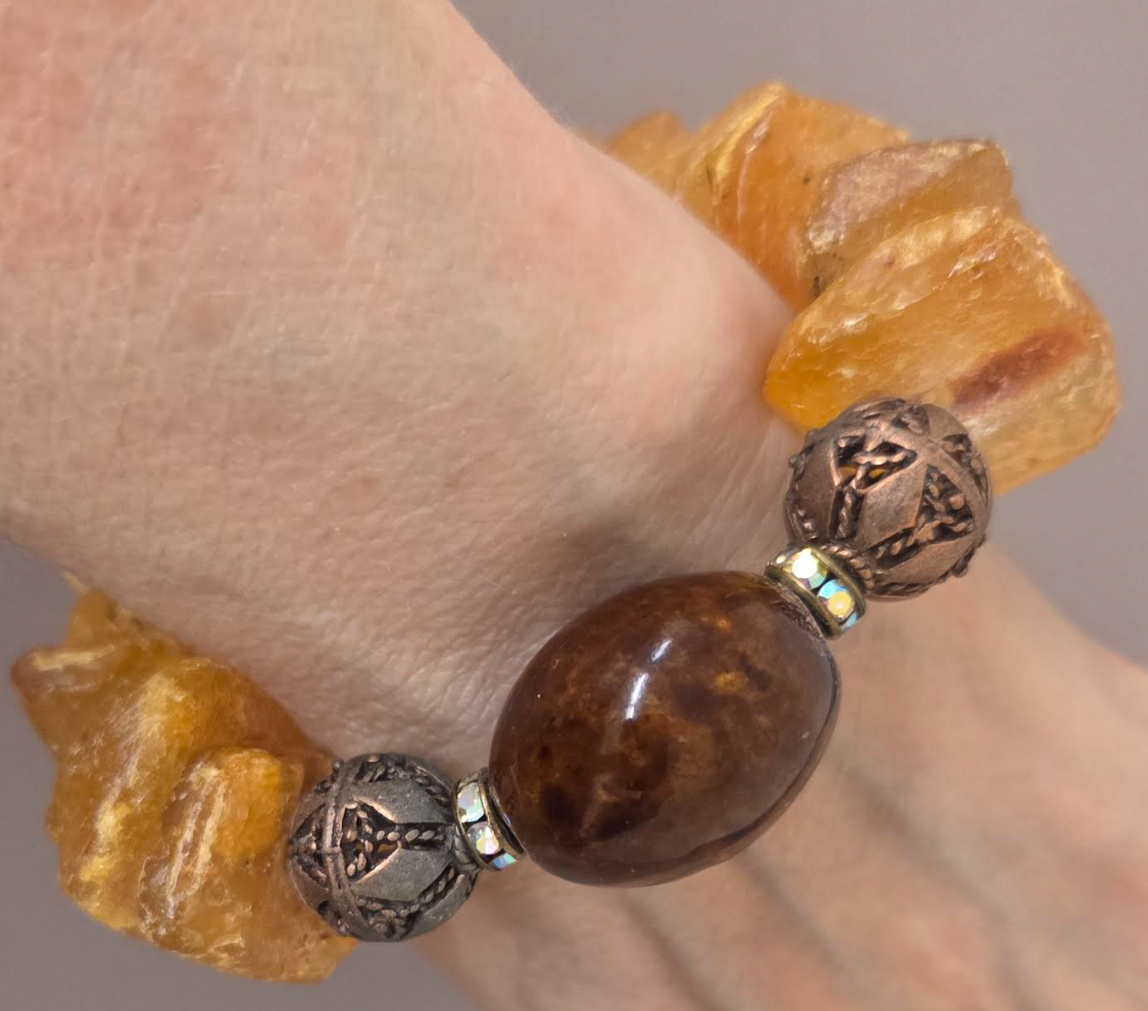Mexican Amber, Copper & Porcelain High End Stretch Bracelet - Iris Apfel