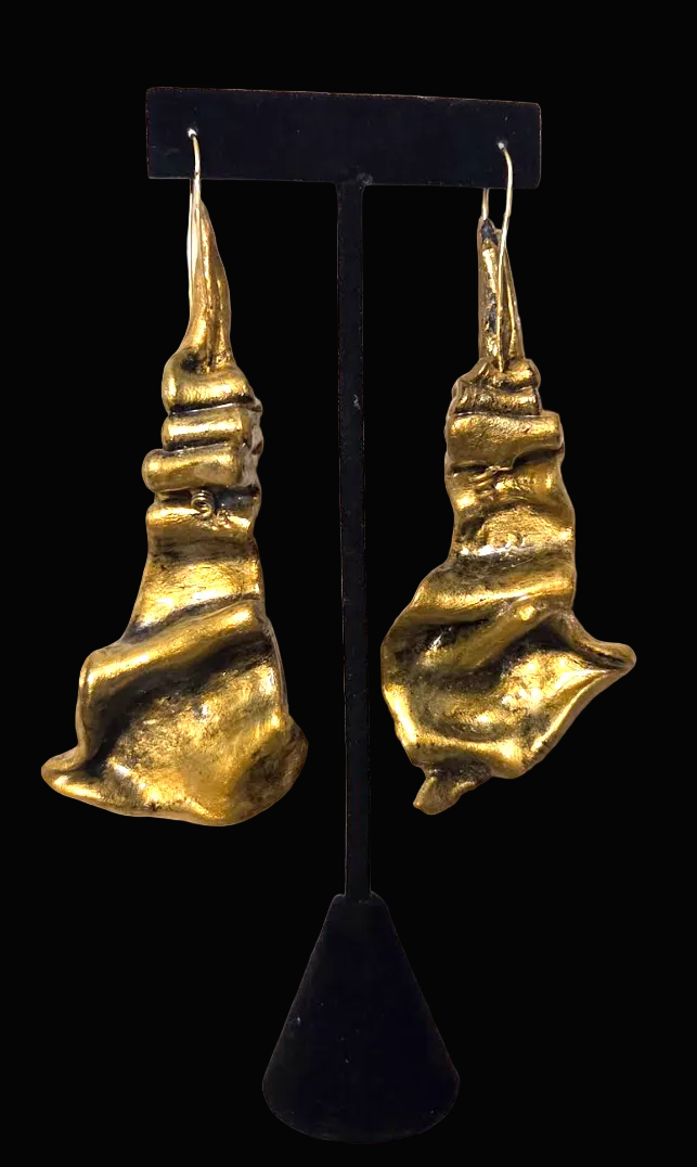 Faux Gold Metal Hand Sculpted Dangle Pierced Earrings - Posh Rich Bold