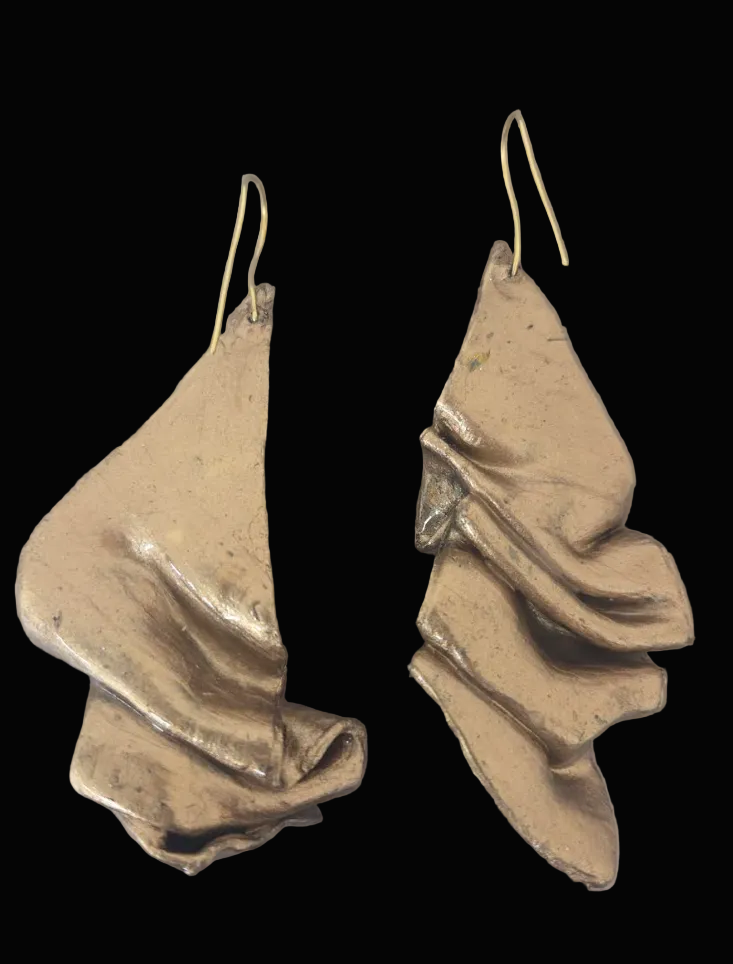 Hand Sculpted Faux Bronze Metal Dangle Pierced Earrings - Haute Couture