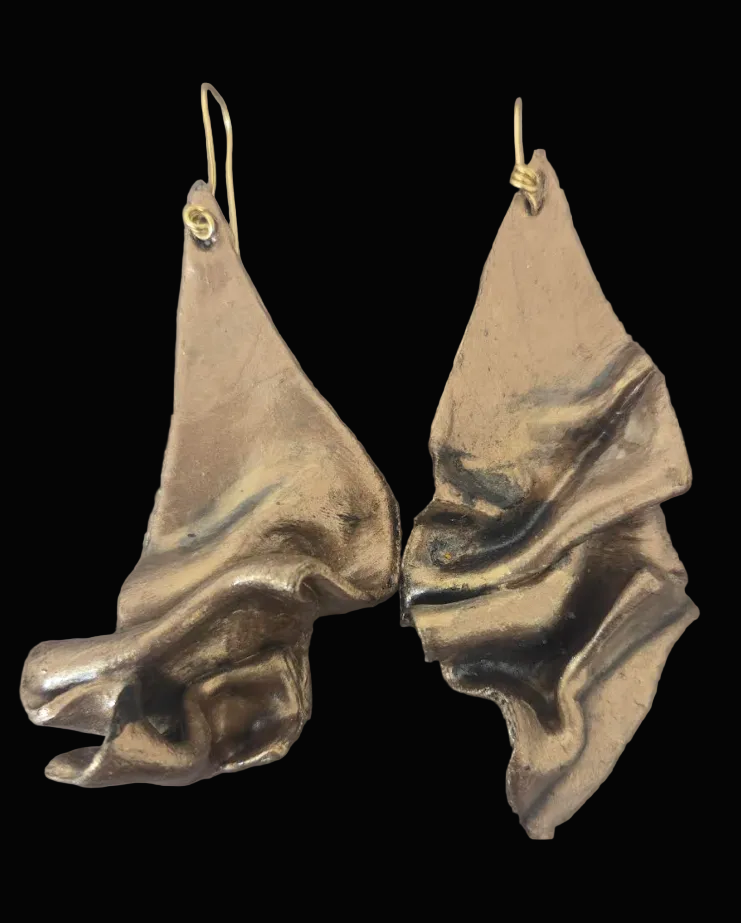 Hand Sculpted Faux Bronze Metal Dangle Pierced Earrings - Haute Couture