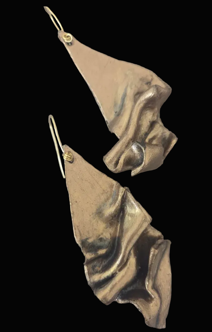 Hand Sculpted Faux Bronze Metal Dangle Pierced Earrings - Haute Couture