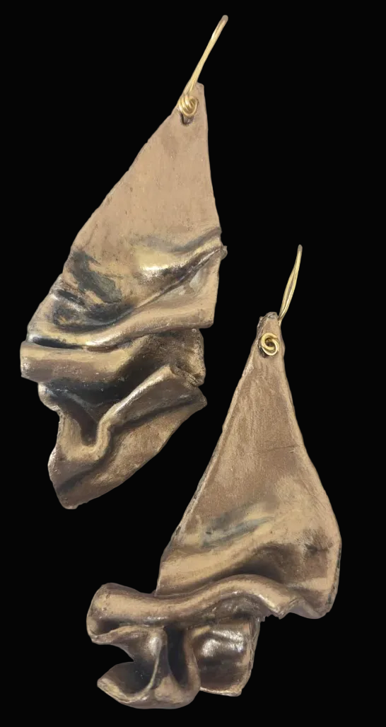 Hand Sculpted Faux Bronze Metal Dangle Pierced Earrings - Haute Couture
