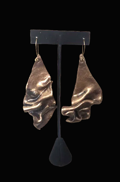 Hand Sculpted Faux Bronze Metal Dangle Pierced Earrings - Haute Couture
