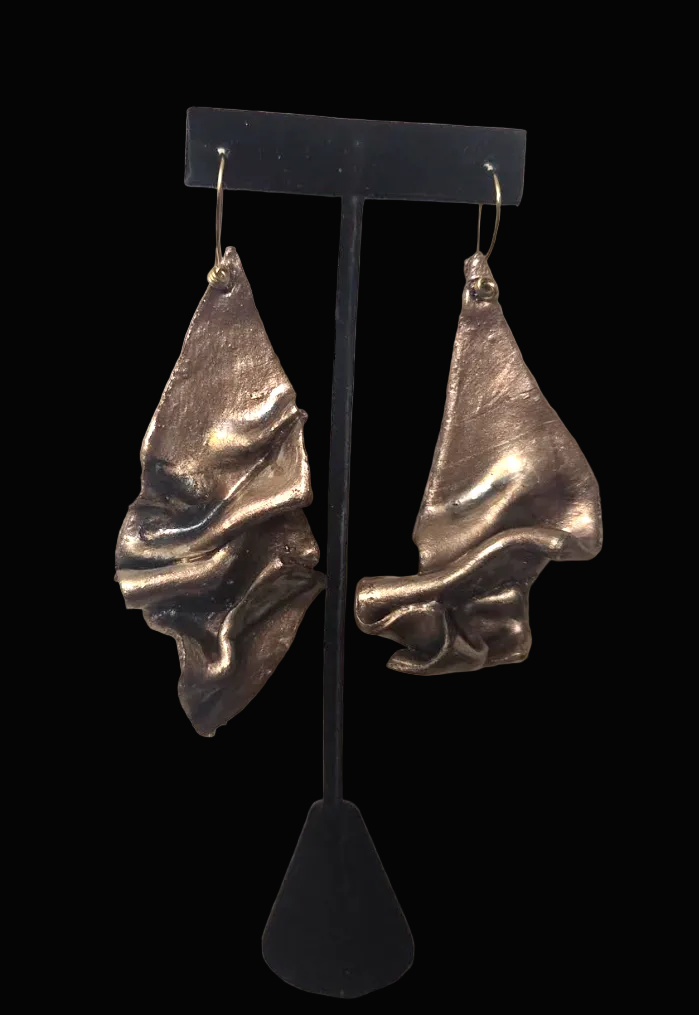 Hand Sculpted Faux Bronze Metal Dangle Pierced Earrings - Haute Couture
