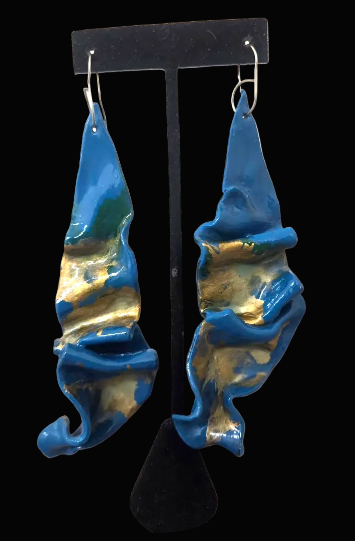 Teal & Gold Freeform Sculpted Ear Candy - OOAK Wearable Art Jewelry