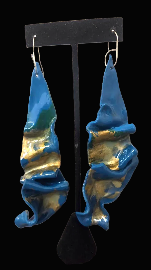 Teal & Gold Freeform Sculpted Ear Candy - OOAK Wearable Art Jewelry