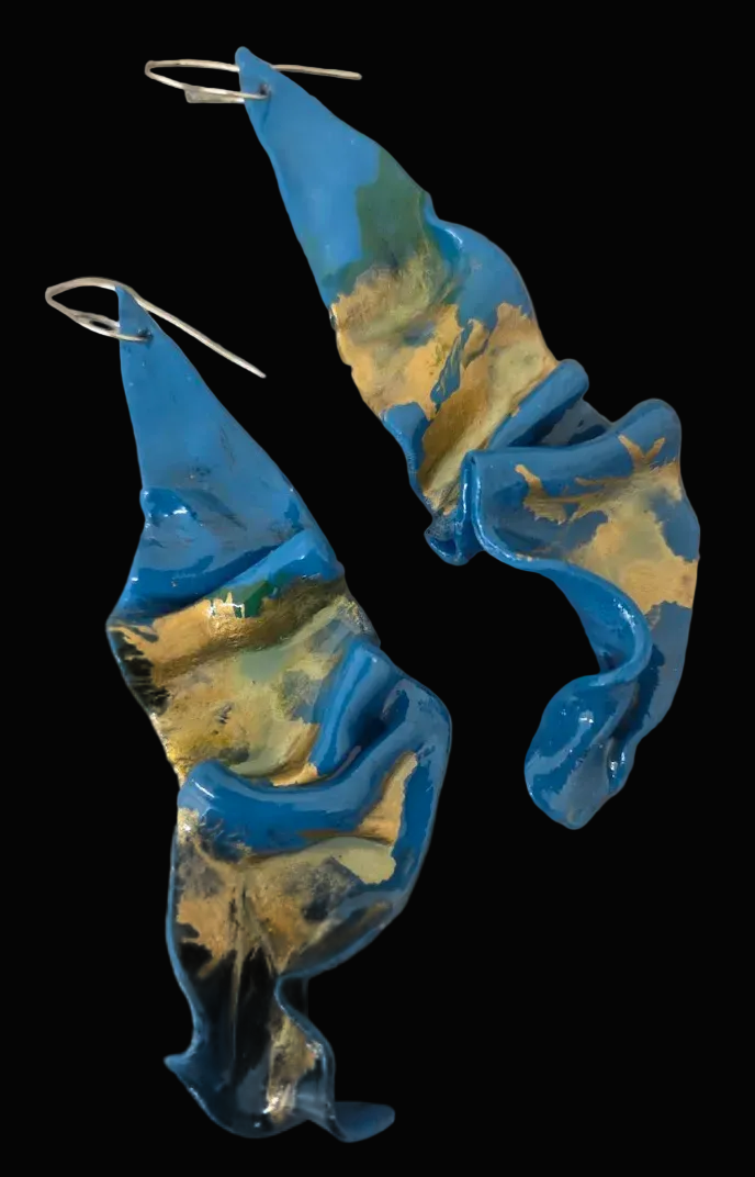 Teal & Gold Freeform Sculpted Ear Candy - OOAK Wearable Art Jewelry