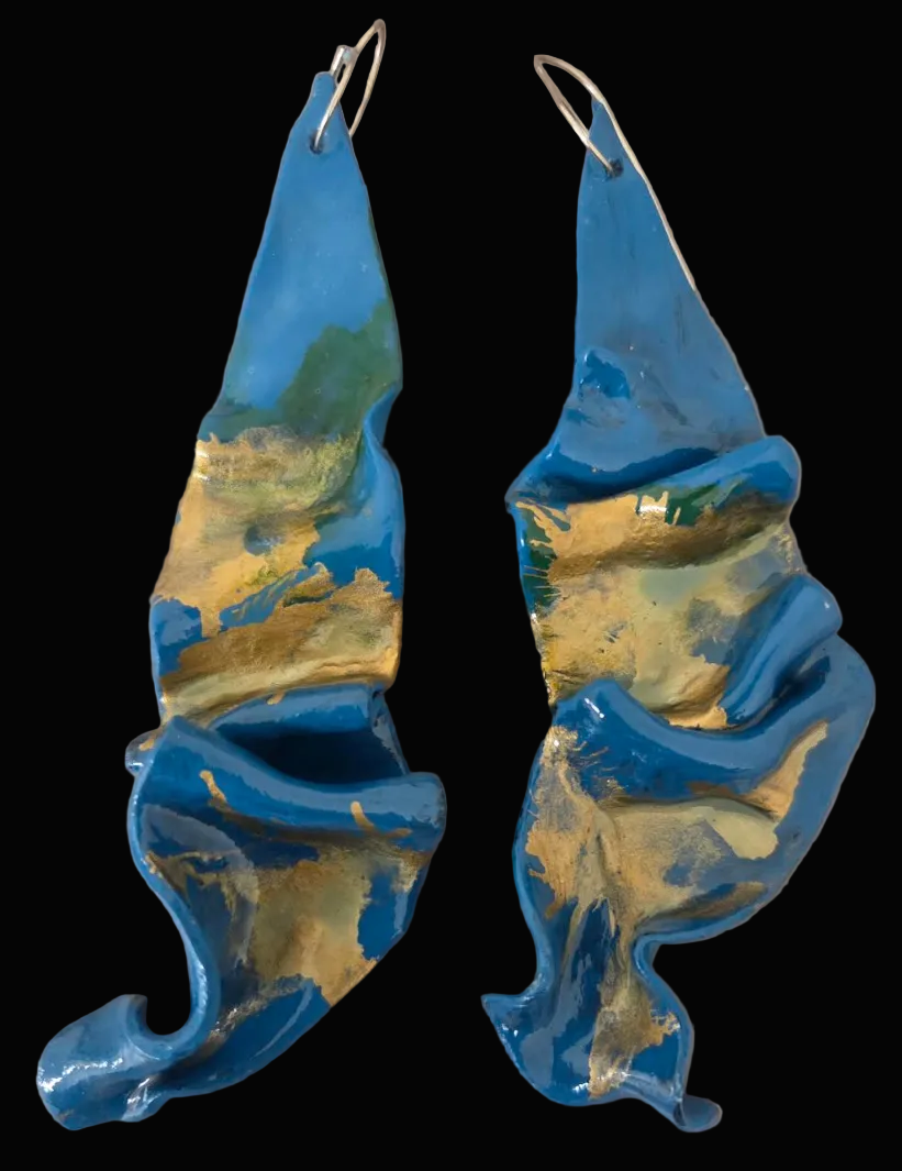 Teal & Gold Freeform Sculpted Ear Candy - OOAK Wearable Art Jewelry