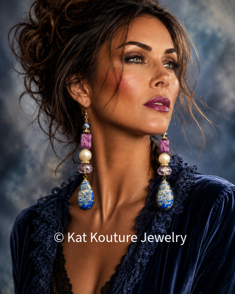 Lapis Lazuli & Amethyst Shoulder Duster Statement Earrings - Posh