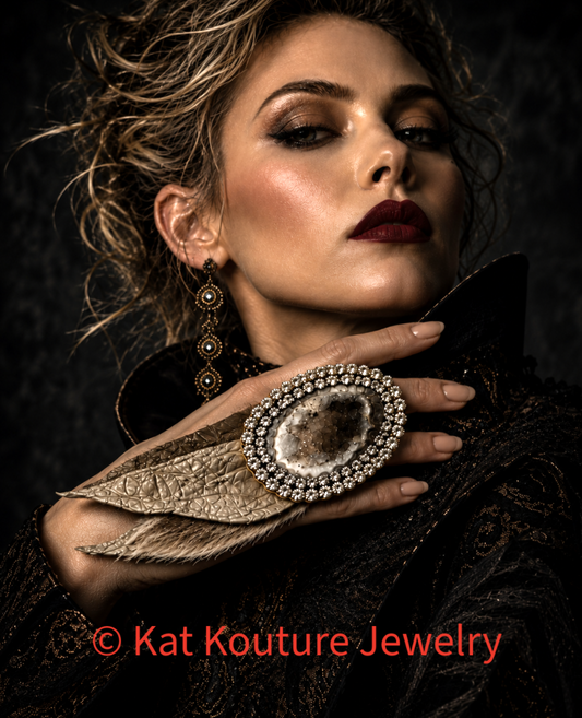 Rhinestone Geode, Crococile Leather & Fur Adjustable Statement Ring