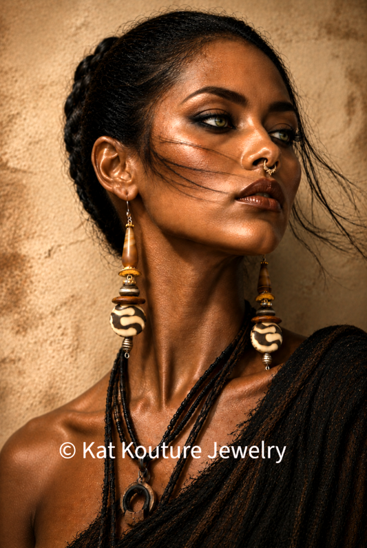 Earthy Agate Wood & Bone Beaded Dangle Pierced Statement Earrings