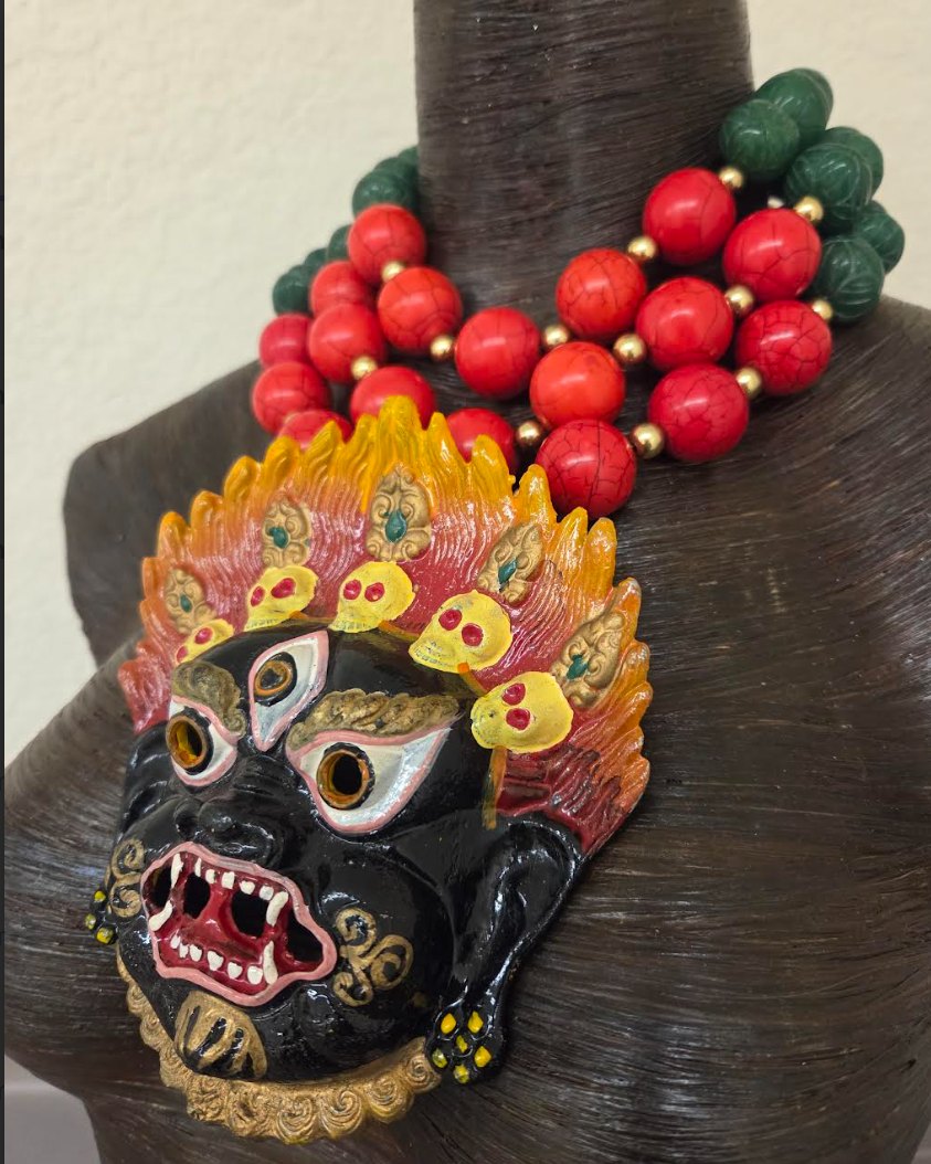 3 Strand Gemstone Beaded Statement Necklace - Mahakala Mask Pendant