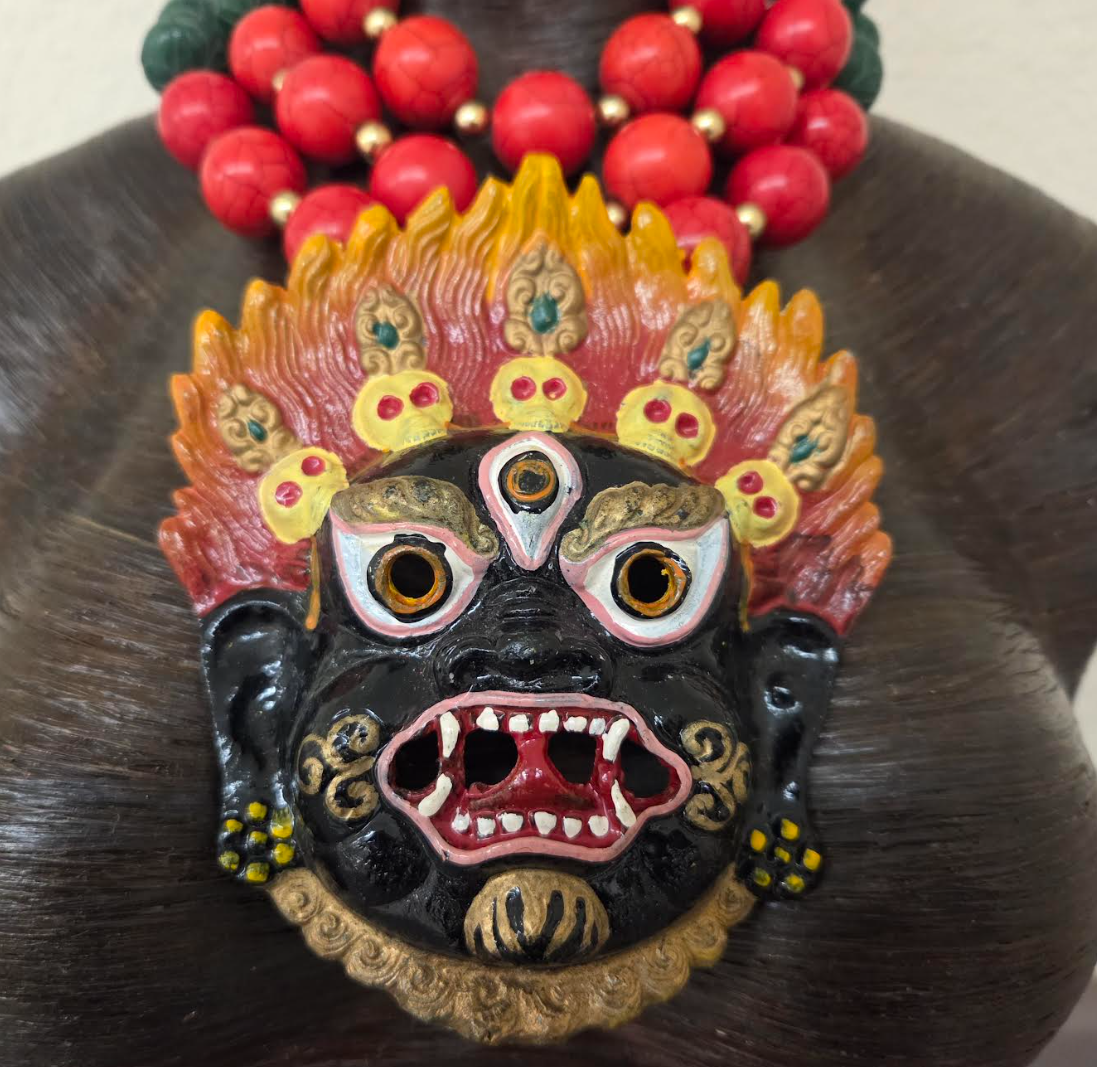 3 Strand Gemstone Beaded Statement Necklace - Mahakala Mask Pendant