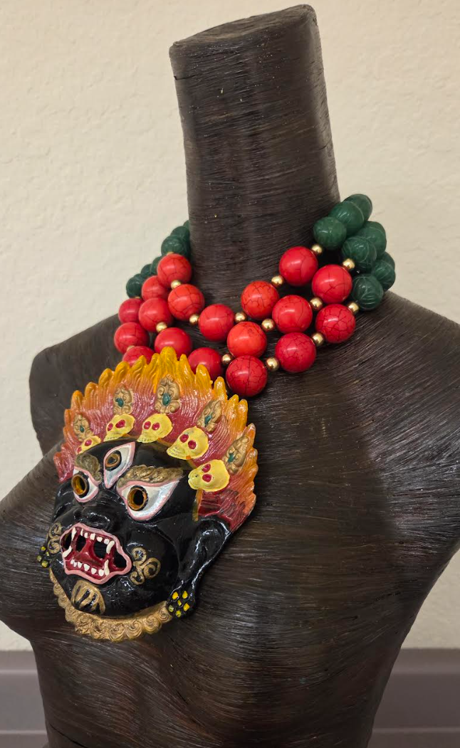 3 Strand Gemstone Beaded Statement Necklace - Mahakala Mask Pendant