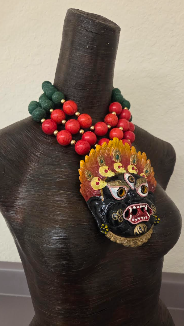 3 Strand Gemstone Beaded Statement Necklace - Mahakala Mask Pendant