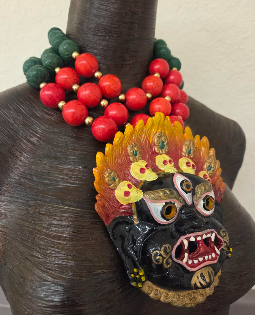 3 Strand Gemstone Beaded Statement Necklace - Mahakala Mask Pendant