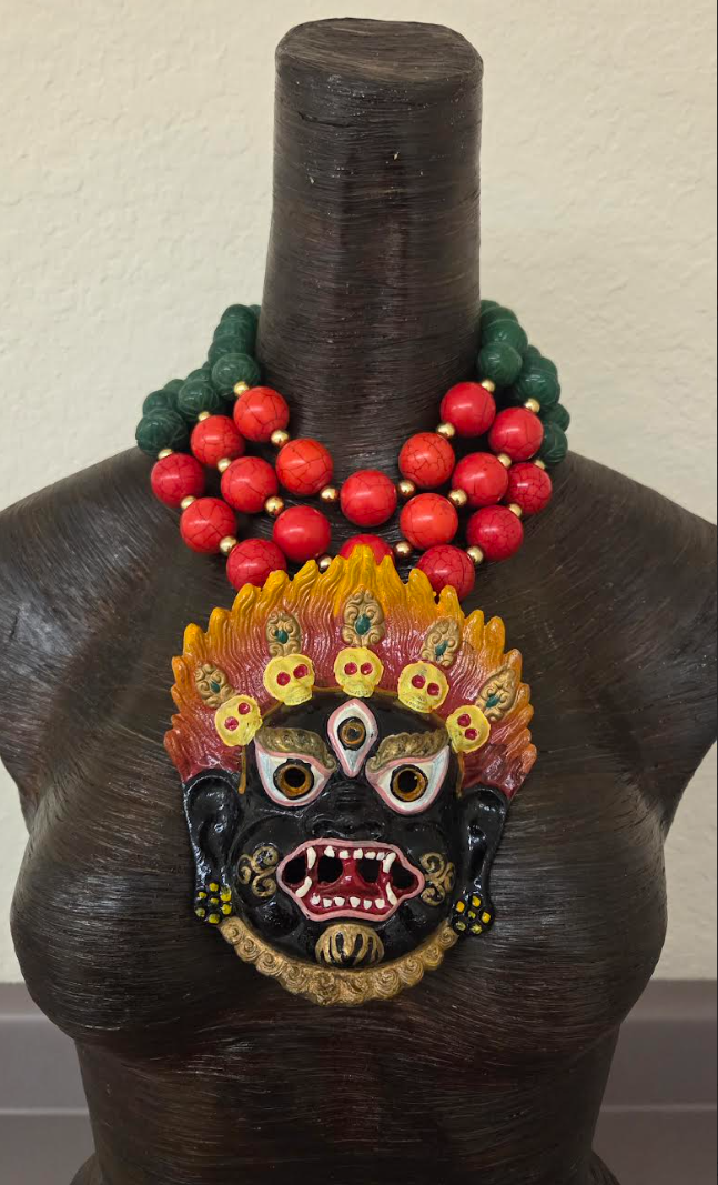 3 Strand Gemstone Beaded Statement Necklace - Mahakala Mask Pendant
