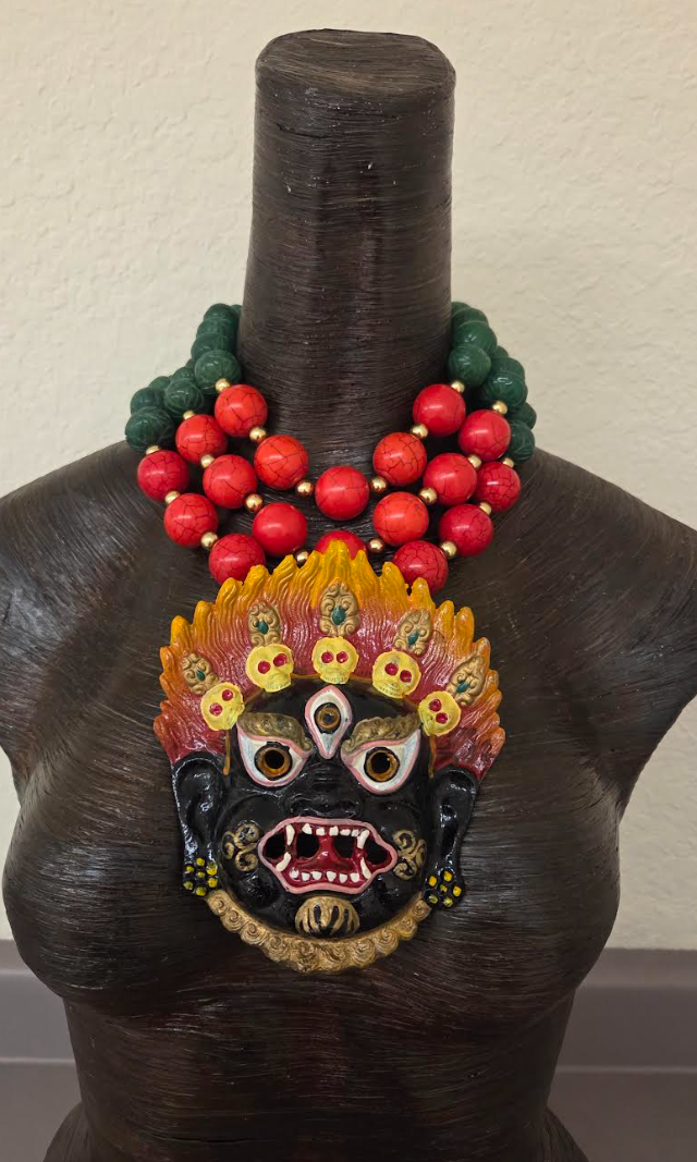 3 Strand Gemstone Beaded Statement Necklace - Mahakala Mask Pendant