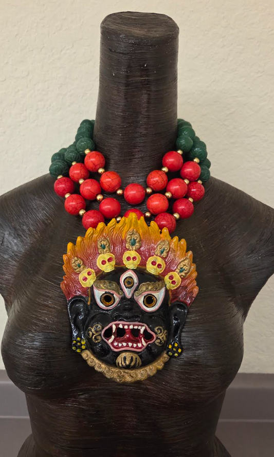 3 Strand Gemstone Beaded Statement Necklace - Mahakala Mask Pendant