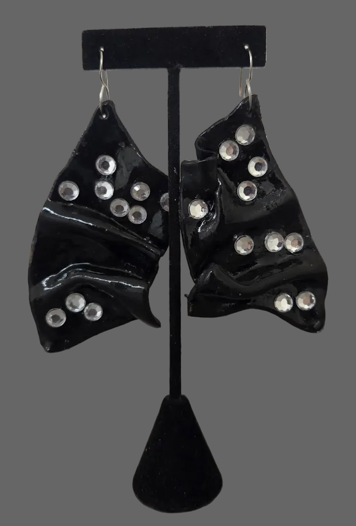 High Gloss Black & Crystal Sculpted Avant Garde Pierced Earrings