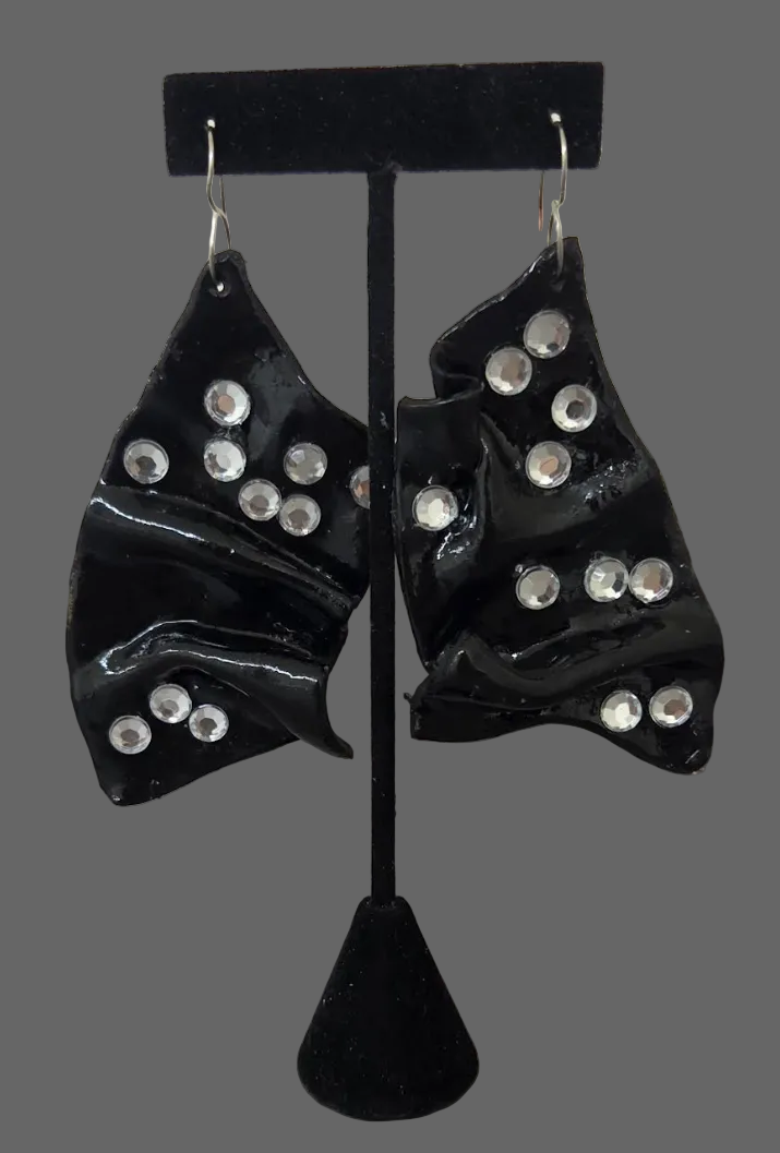 High Gloss Black & Crystal Sculpted Avant Garde Pierced Earrings