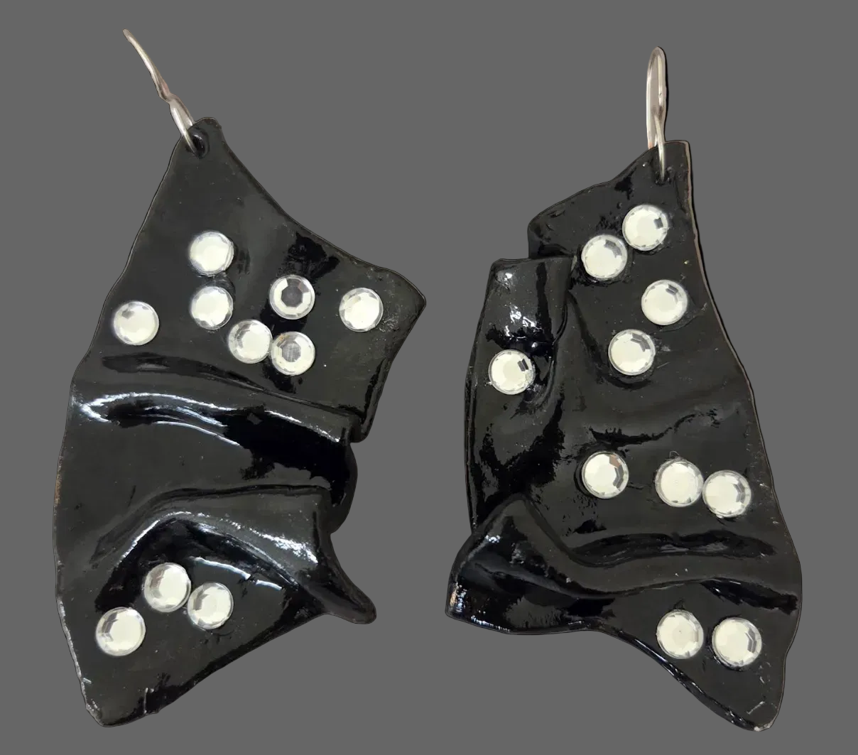 High Gloss Black & Crystal Sculpted Avant Garde Pierced Earrings