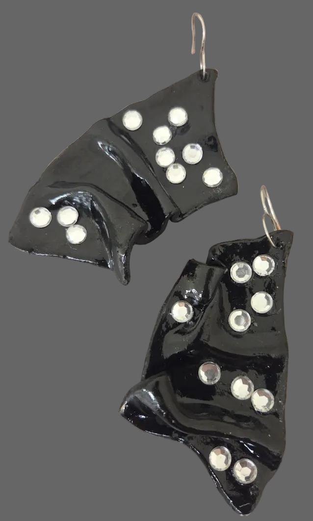 High Gloss Black & Crystal Sculpted Avant Garde Pierced Earrings