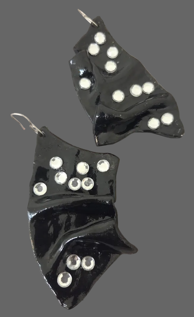 High Gloss Black & Crystal Sculpted Avant Garde Pierced Earrings