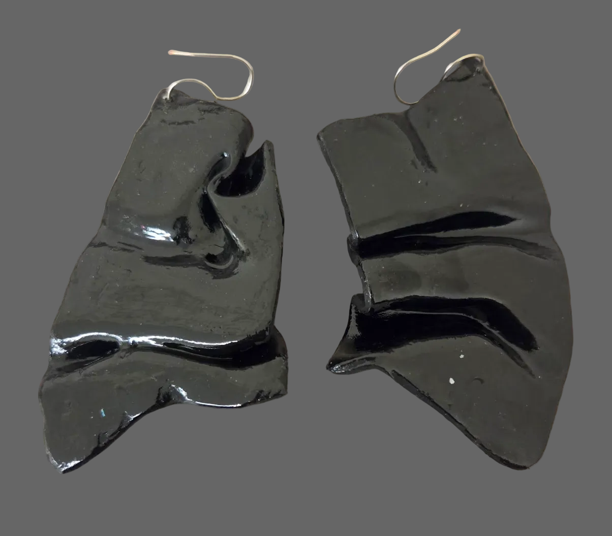 High Gloss Black & Crystal Sculpted Avant Garde Pierced Earrings