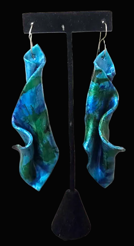 Sensuous Metallic Blue & Green Hand Sculpted Shoulder Duster Earrings