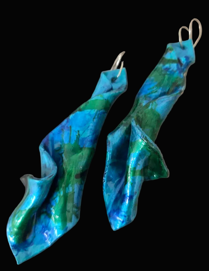 Sensuous Metallic Blue & Green Hand Sculpted Shoulder Duster Earrings