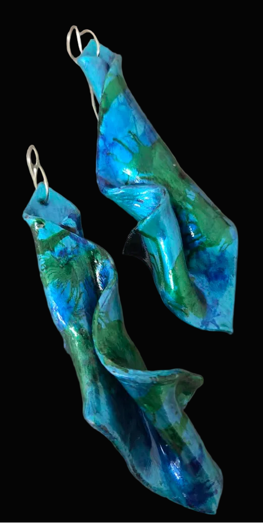 Sensuous Metallic Blue & Green Hand Sculpted Shoulder Duster Earrings