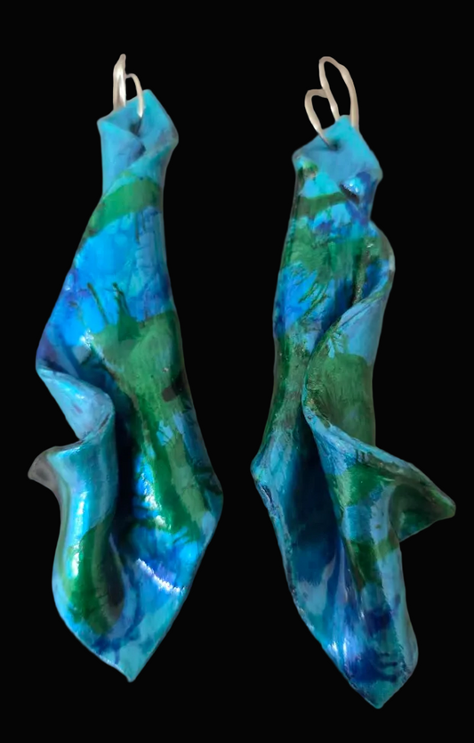 Sensuous Metallic Blue & Green Hand Sculpted Shoulder Duster Earrings