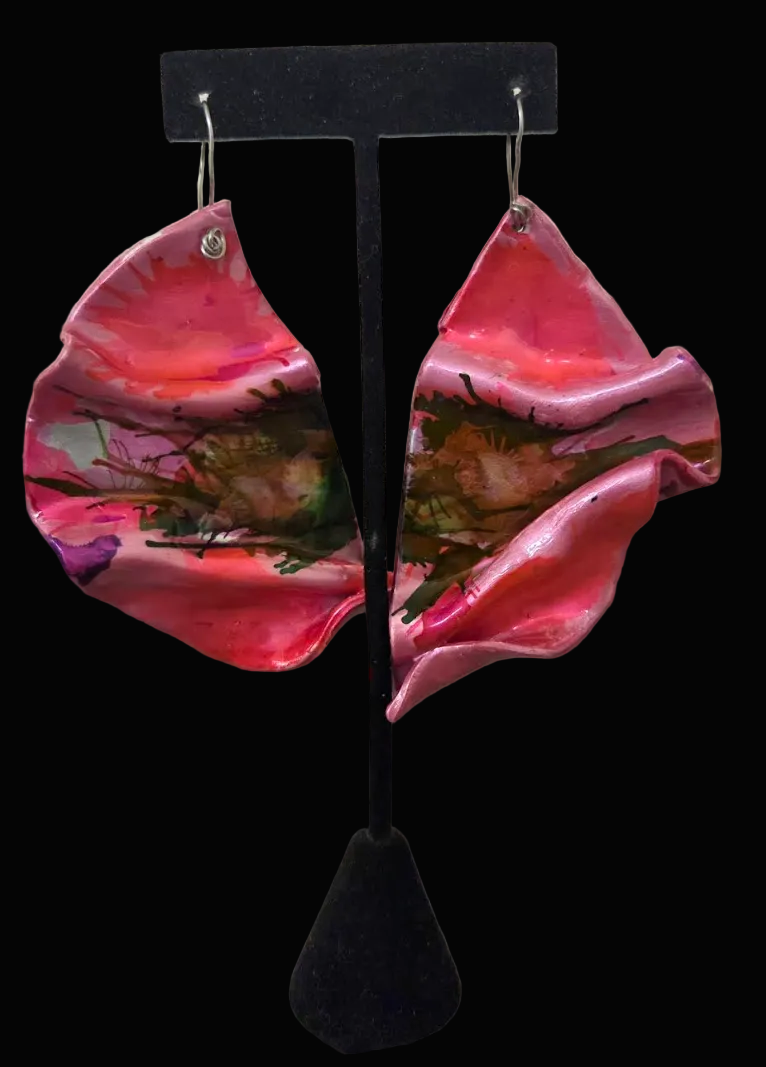 Hand Sculpted Fuchsia Folded Architectural Pierced Earrings - Sexy