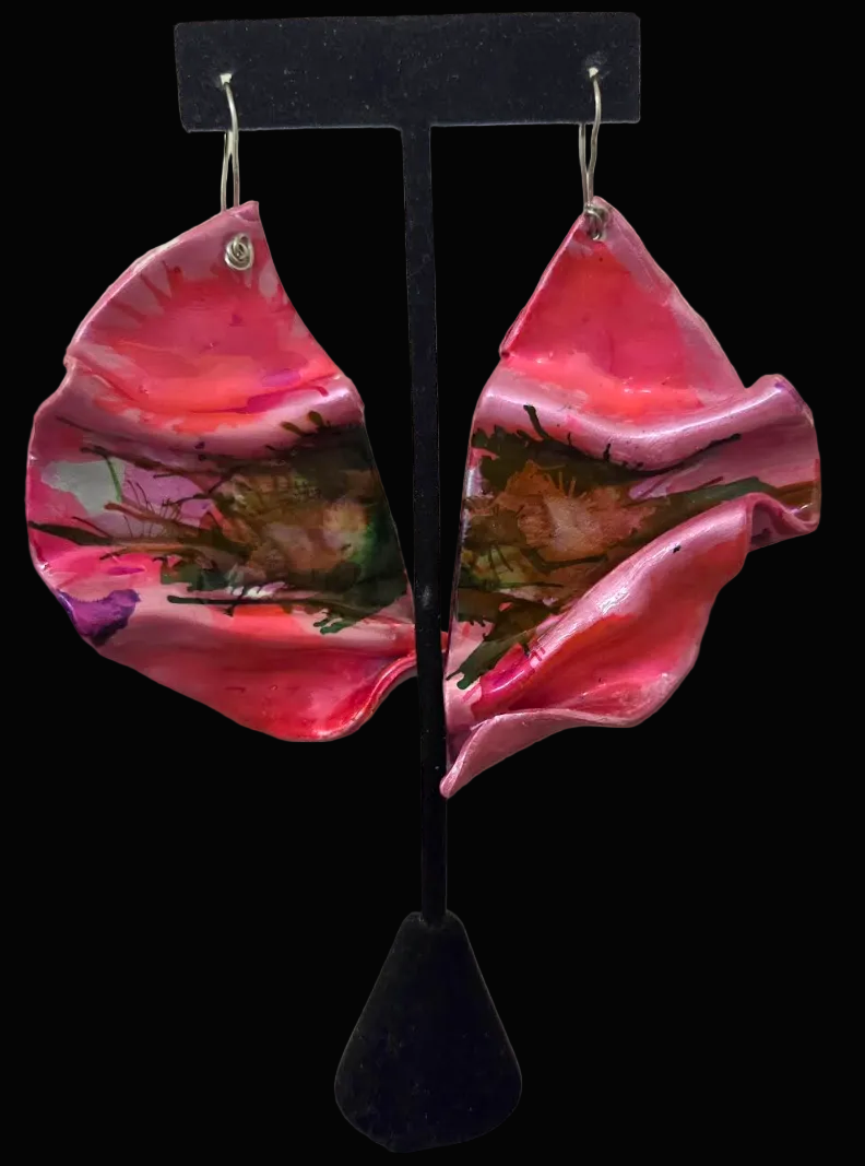 Hand Sculpted Fuchsia Folded Architectural Pierced Earrings - Sexy