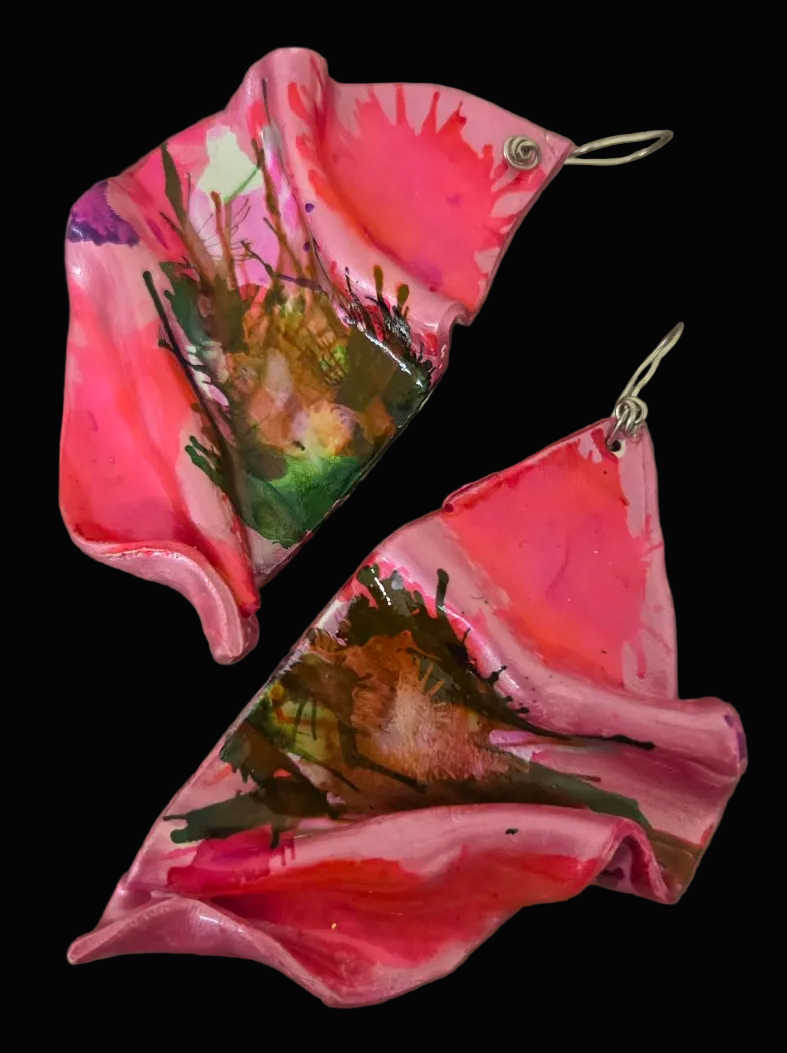 Hand Sculpted Fuchsia Folded Architectural Pierced Earrings - Sexy