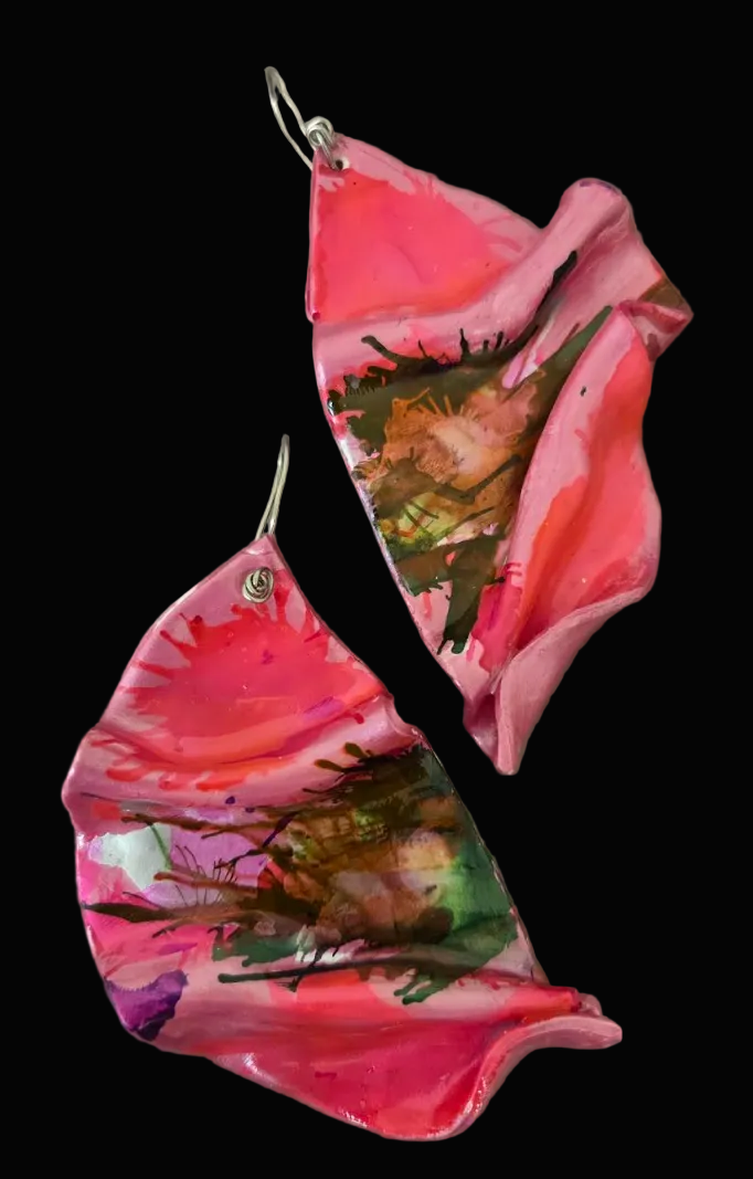 Hand Sculpted Fuchsia Folded Architectural Pierced Earrings - Sexy