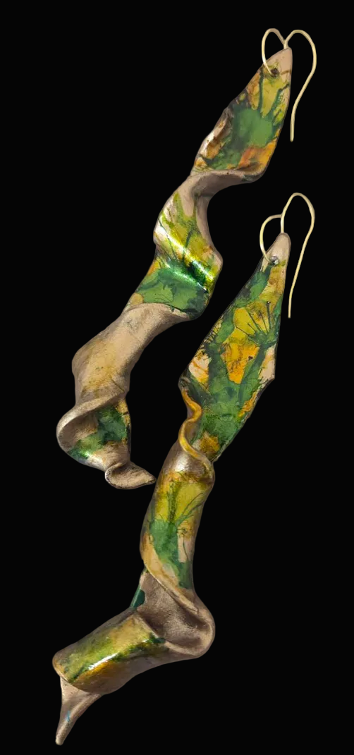 Golden Bronze & Green Abstract Squiggly Sculpted Shoulder Dusters