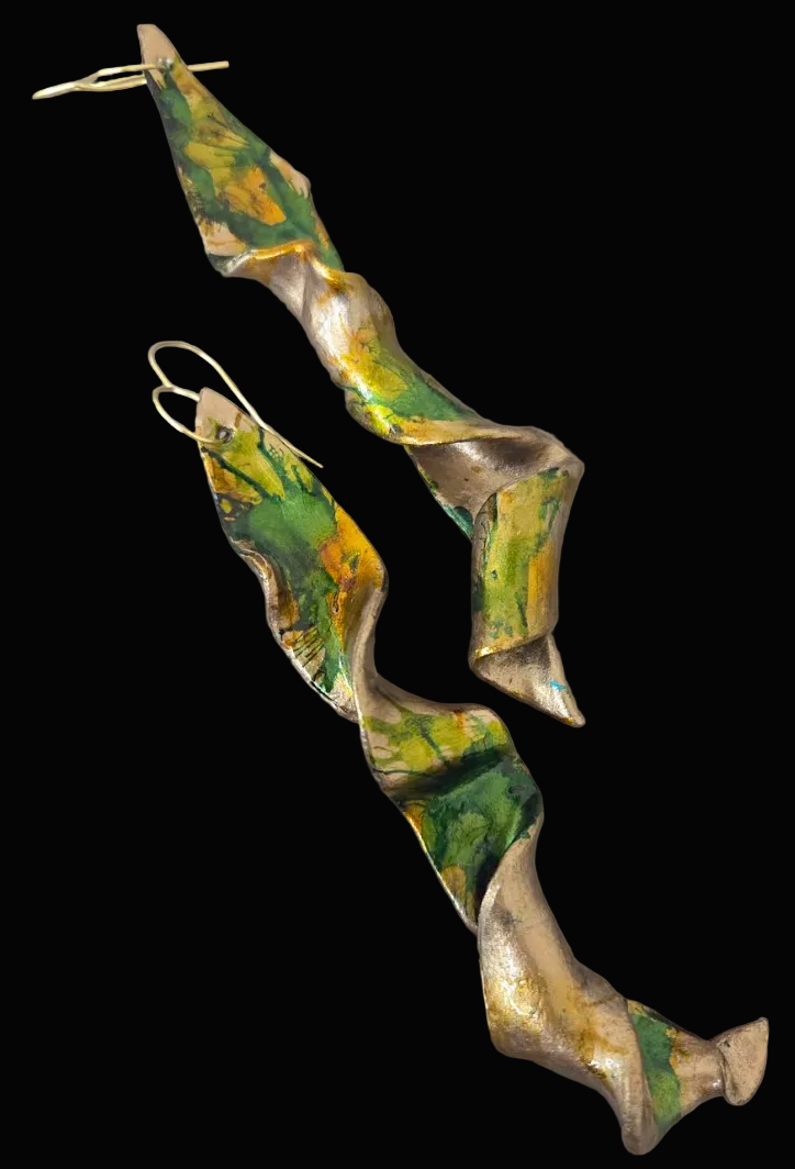 Golden Bronze & Green Abstract Squiggly Sculpted Shoulder Dusters
