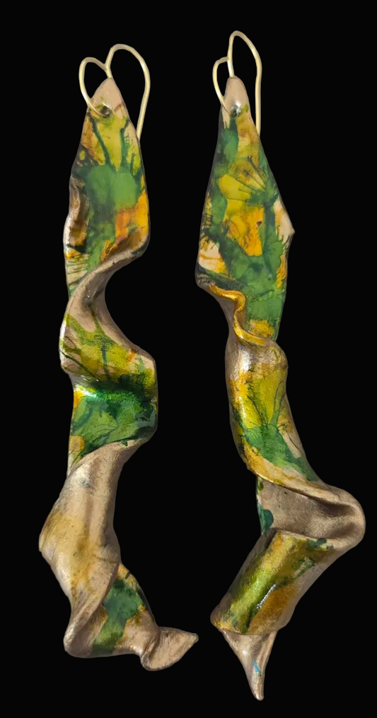 Golden Bronze & Green Abstract Squiggly Sculpted Shoulder Dusters