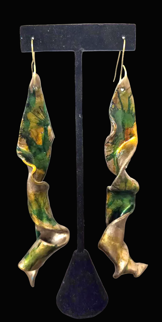 Golden Bronze & Green Abstract Squiggly Sculpted Shoulder Dusters