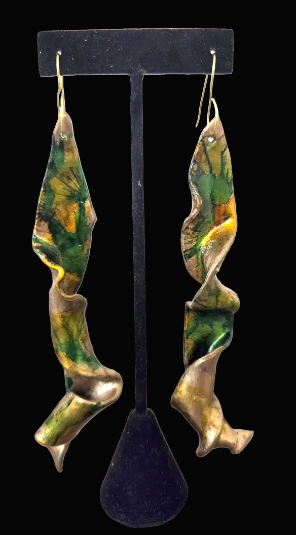 Golden Bronze & Green Abstract Squiggly Sculpted Shoulder Dusters