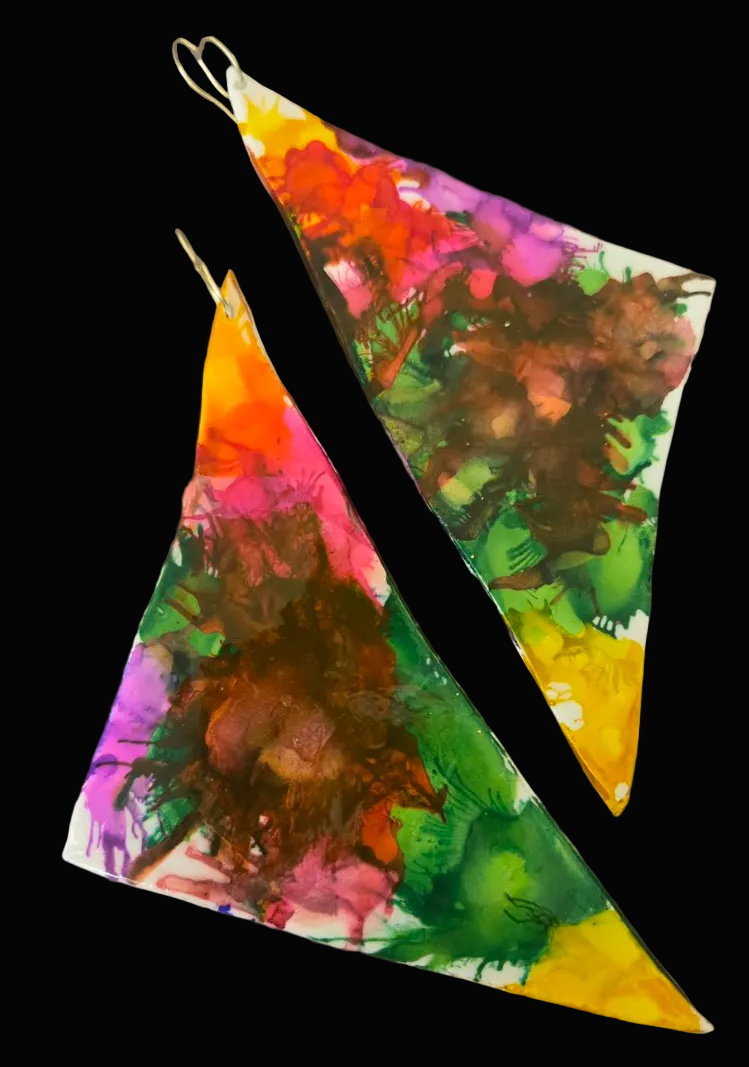 Multi Color Alcohol Ink Oversized Triangular Wing Shoulder Duster Earrings