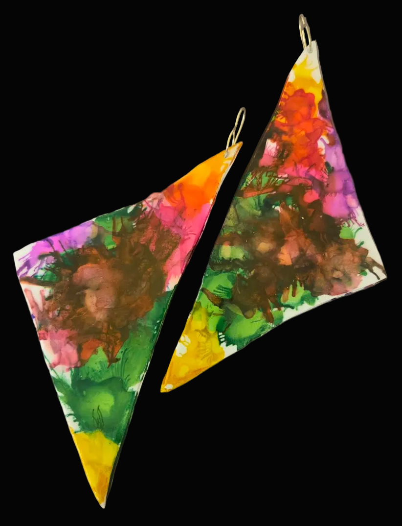 Multi Color Alcohol Ink Oversized Triangular Wing Shoulder Duster Earrings